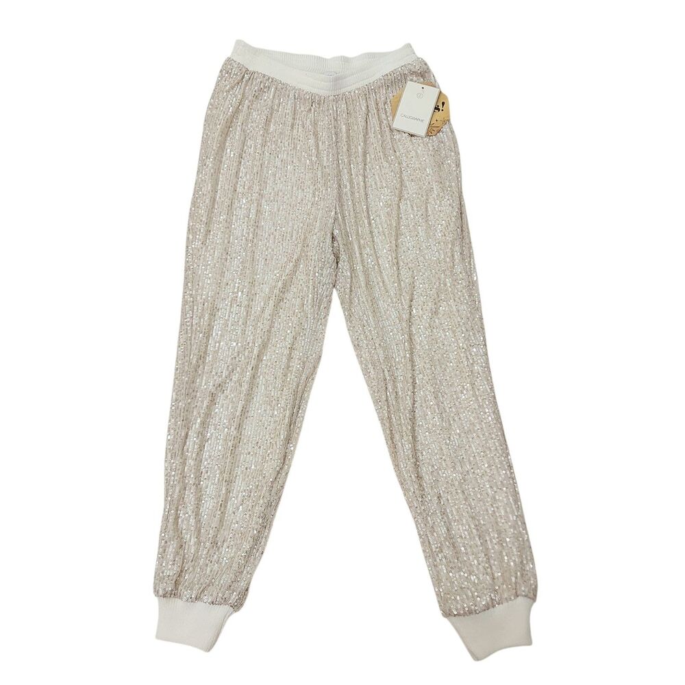Calligraphie Sequin Pants Joggers Womens Small Beige Knit Comfort Glam Disco